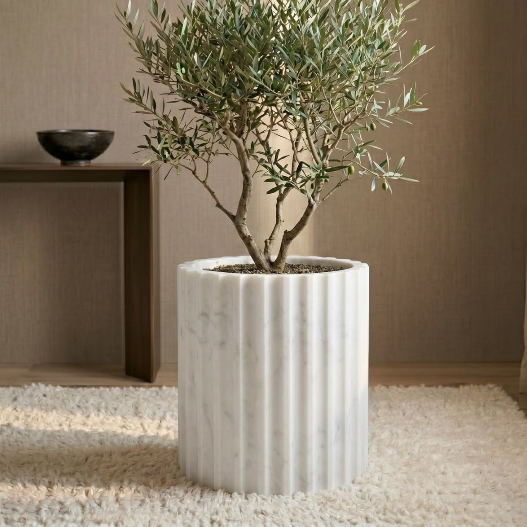 Modern White Marble Cylinder Plant Planter